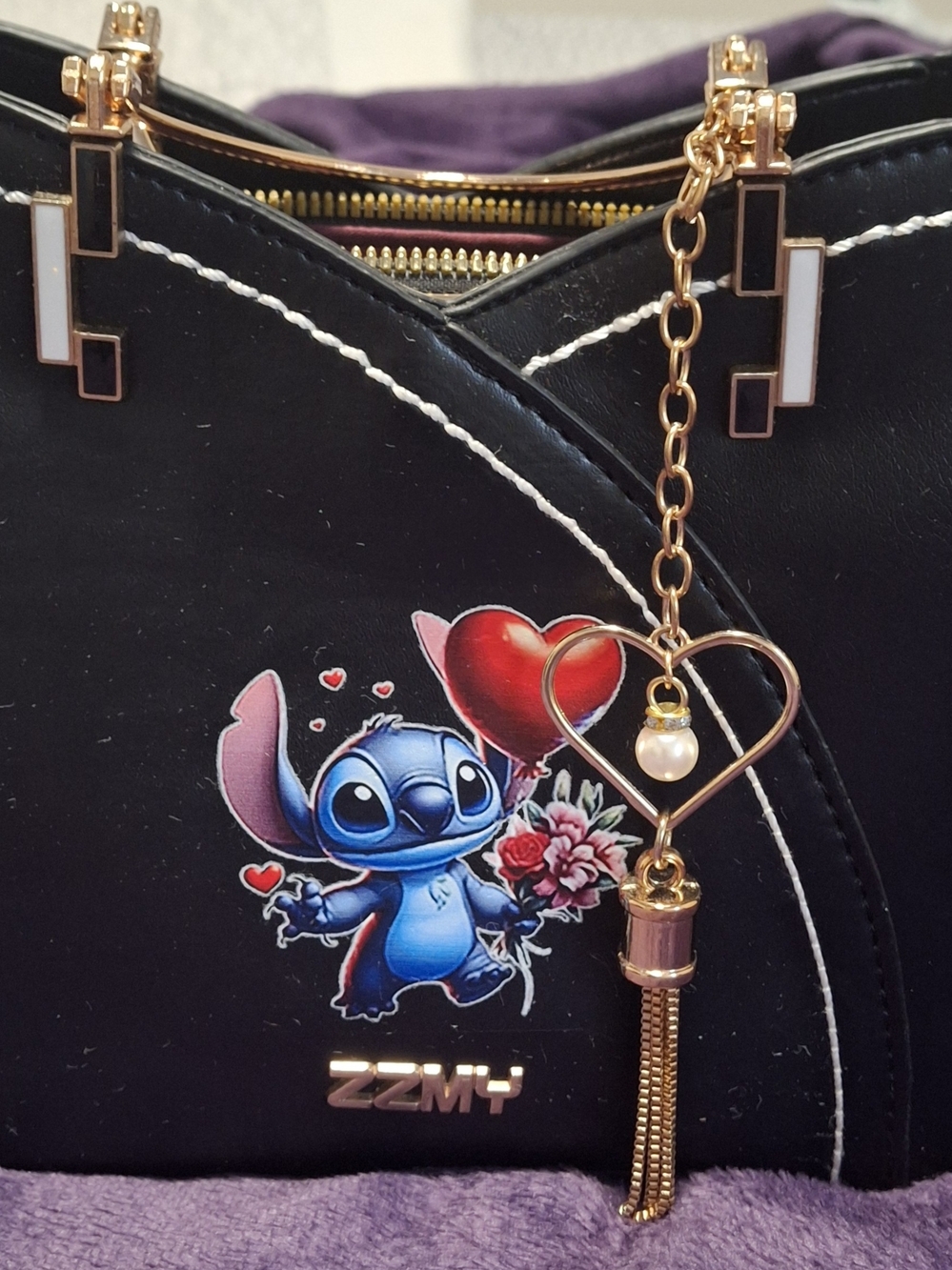 Black Women’s Bag with Stitch Character and Charm
